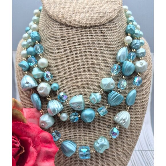 Vintage Aqua Blue Multistrand Collar Necklace Japan Signed Hook Clasp Crystals - Picture 2 of 9